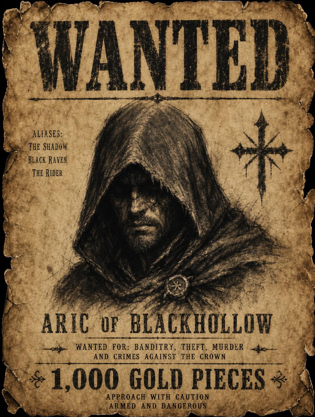 Wanted Poster NFT — a hooded outlaw sketched on weathered parchment