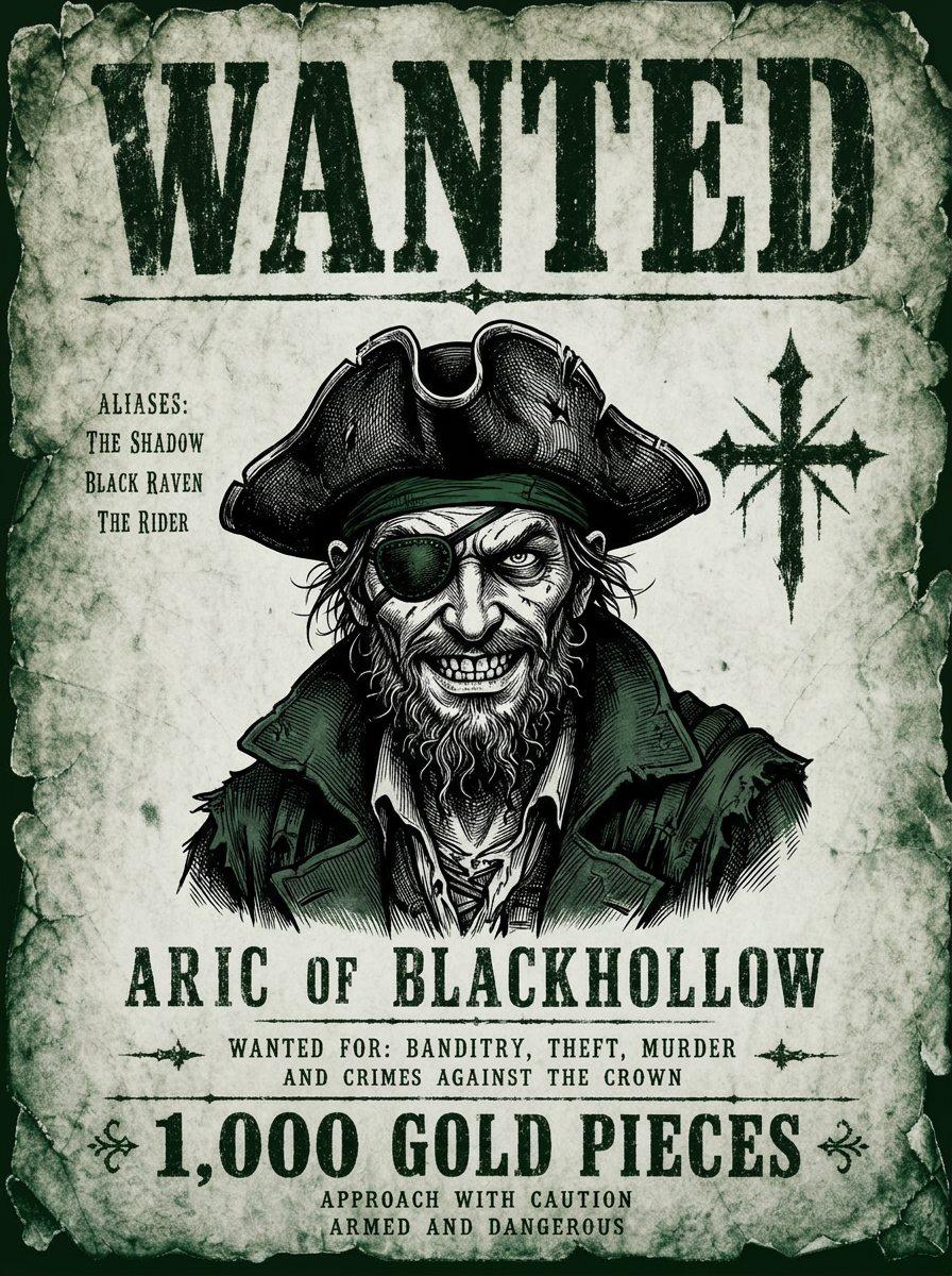 Wanted Poster NFT — a hooded outlaw sketched on weathered parchment